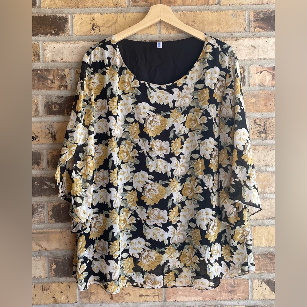 5 for $25🔥Neineiwu Floral Yellow Sheer Lined Blouse 2XL